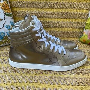 Gucci Men's High-Top Sneakers in Metallic Olive with White Soles